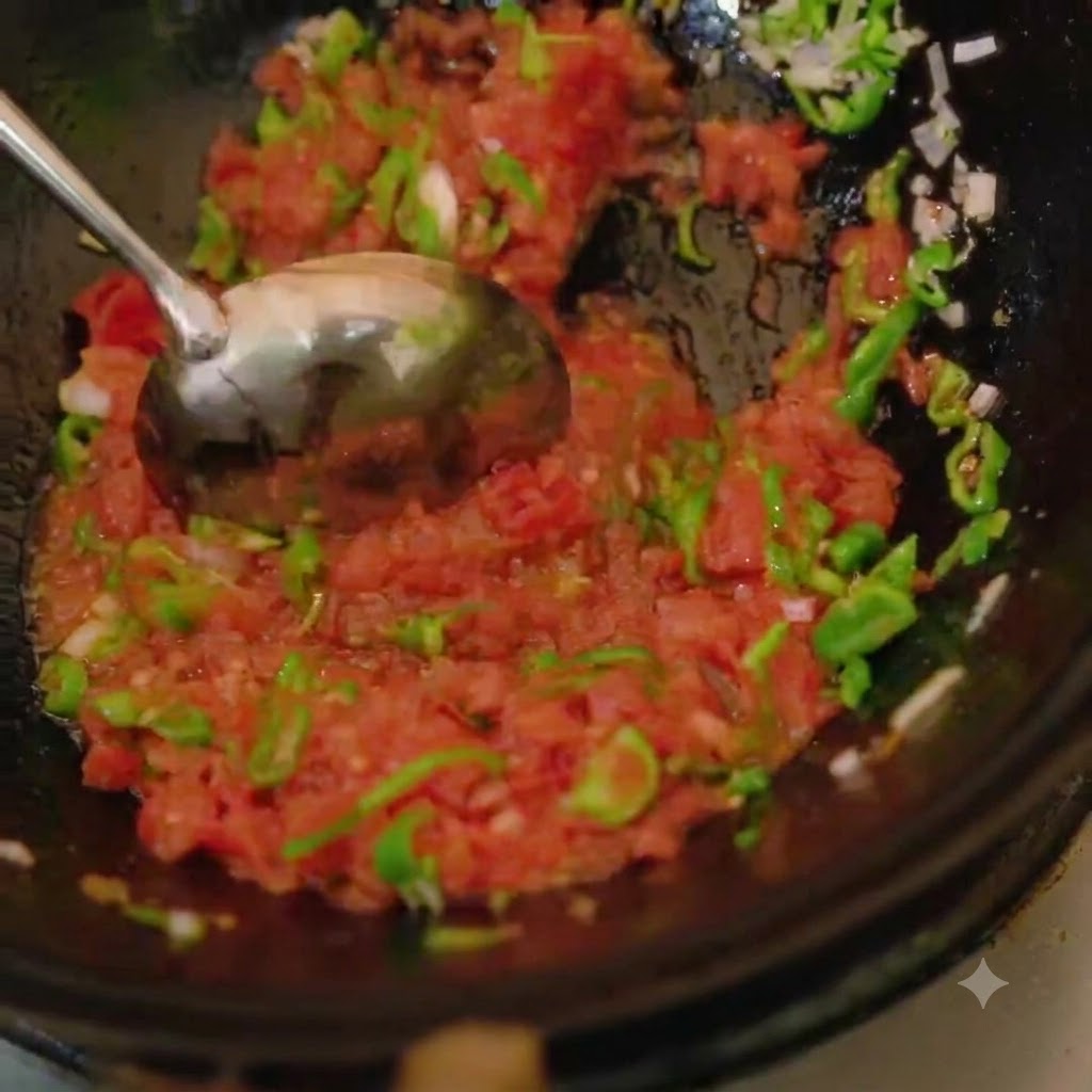Une cuillère en métal mélangeant des tomates en dés rouge vif dans la préparation cuite aux piments et à lail dans un wok.