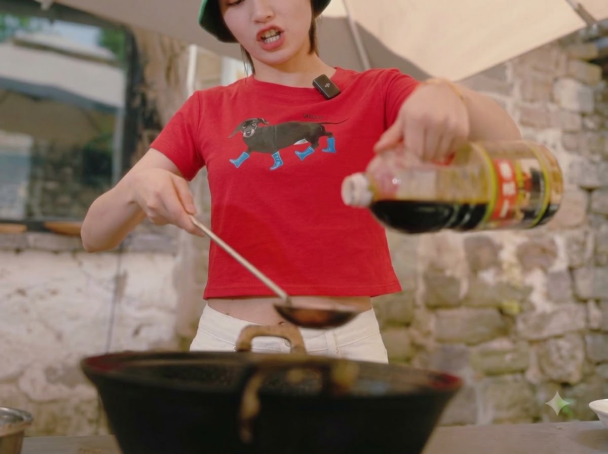 Une personne verse de la sauce soja claire dune bouteille dans un wok frémissant contenant la sauce tomate.