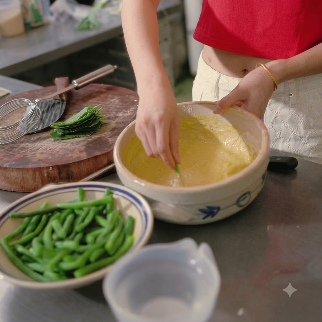 Une main utilisant un petit ustensile pour enrober un haricot vert dans un bol en céramique rempli de pâte jaune.
