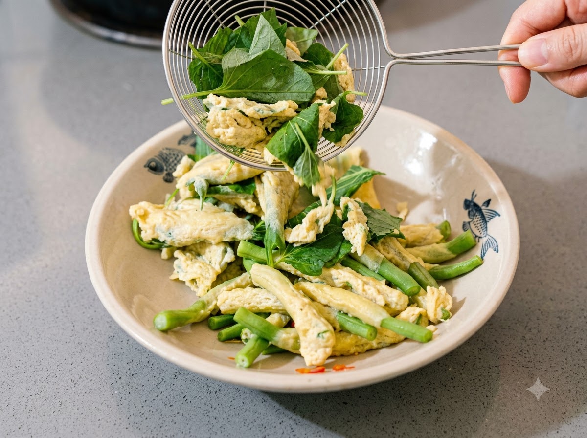 Une écumoire retenant des feuilles et des haricots verts fraîchement cuits au-dessus dun bol.