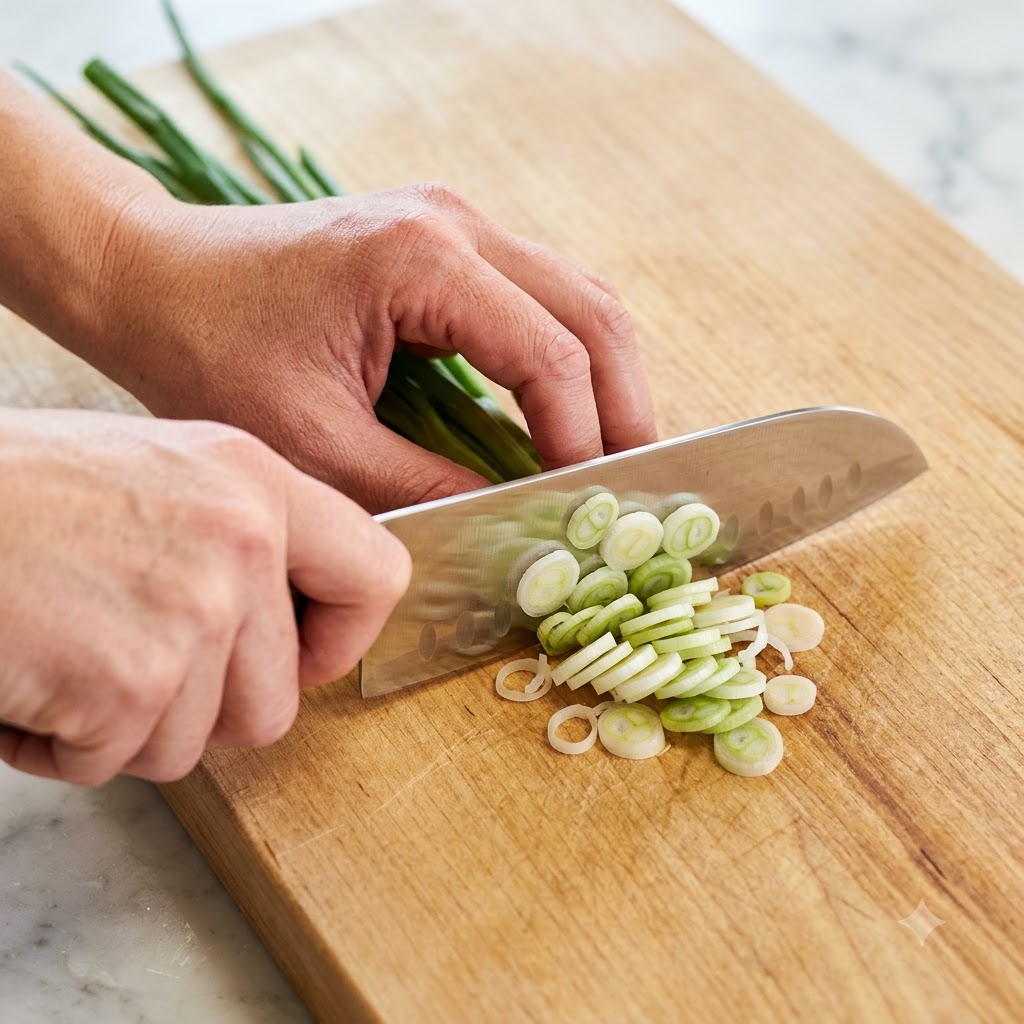 Oignons verts coupés en petits segments ronds sur une planche en bois à laide dun couteau de chef.