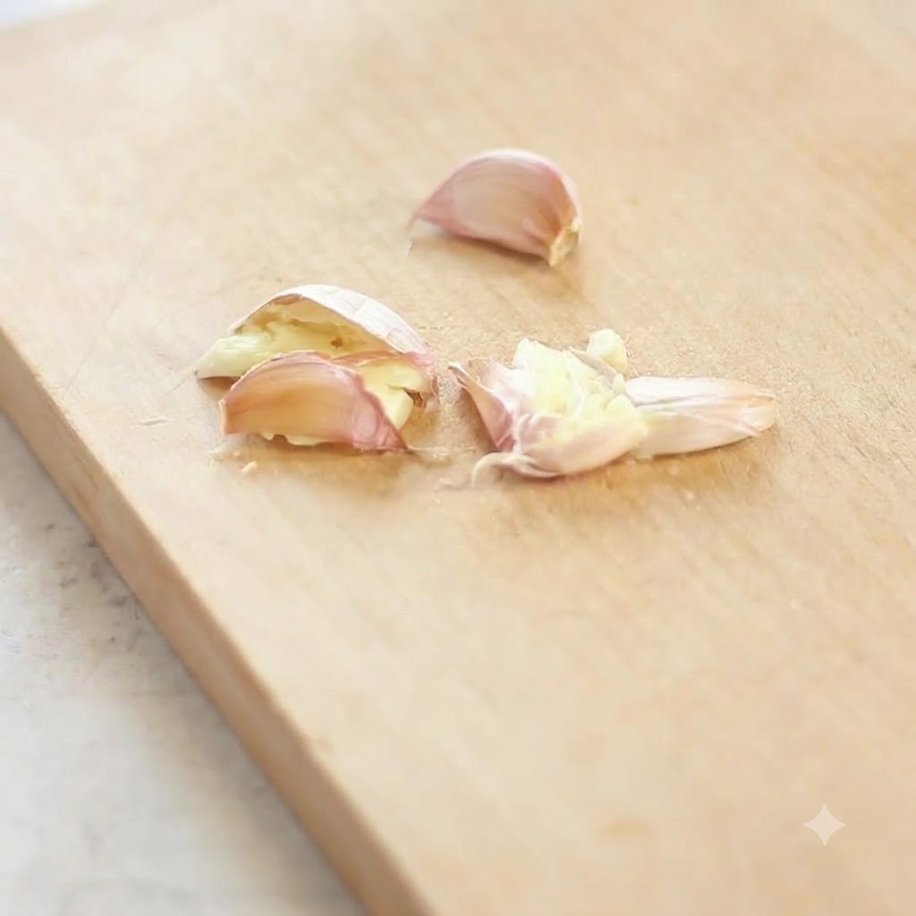 Gousses dail fraîches reposant sur une planche en bois, partiellement écrasées et prêtes à être hachées.