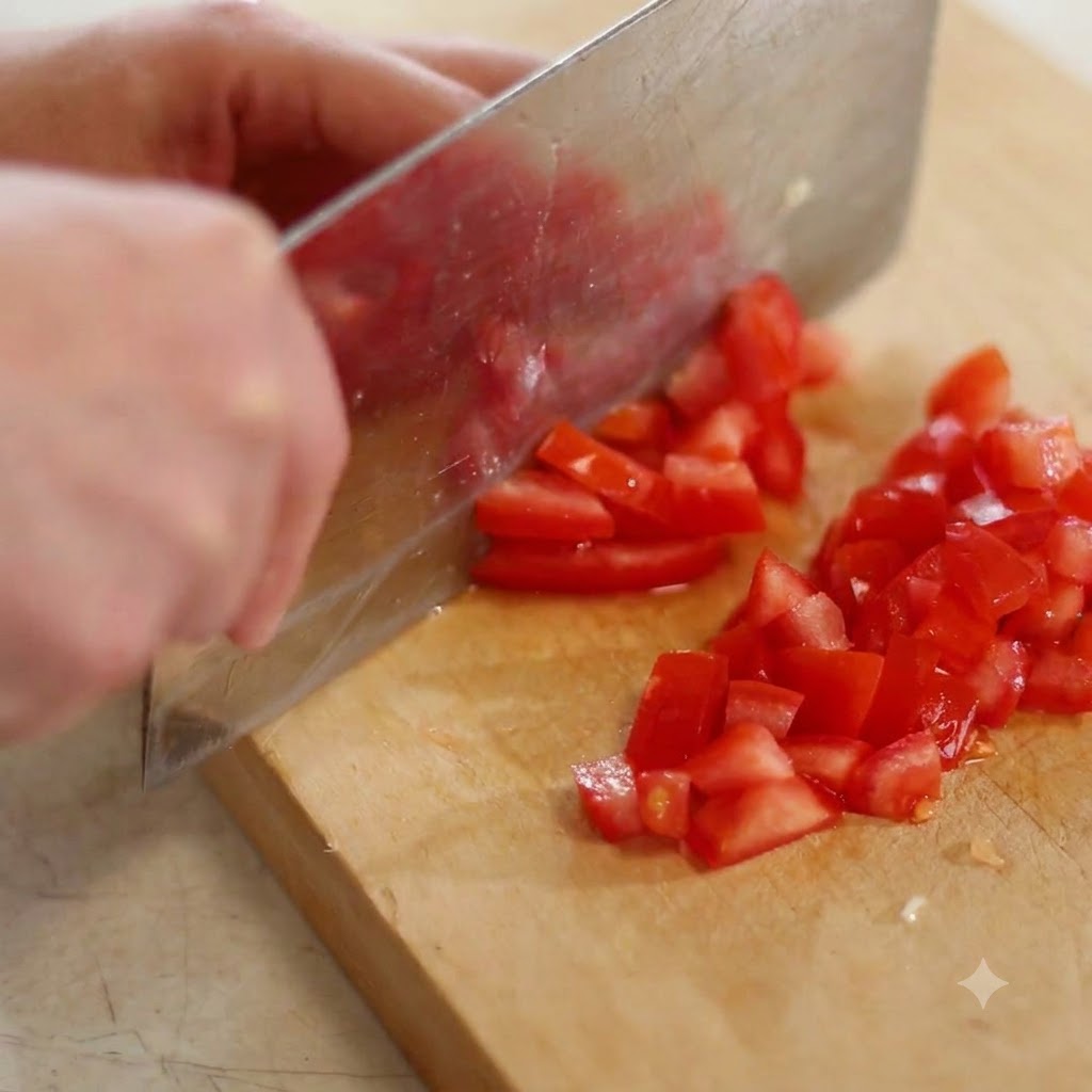 Une tomate rouge tranchée et coupée en petits morceaux avec un grand couteau de cuisine sur une planche en bois.