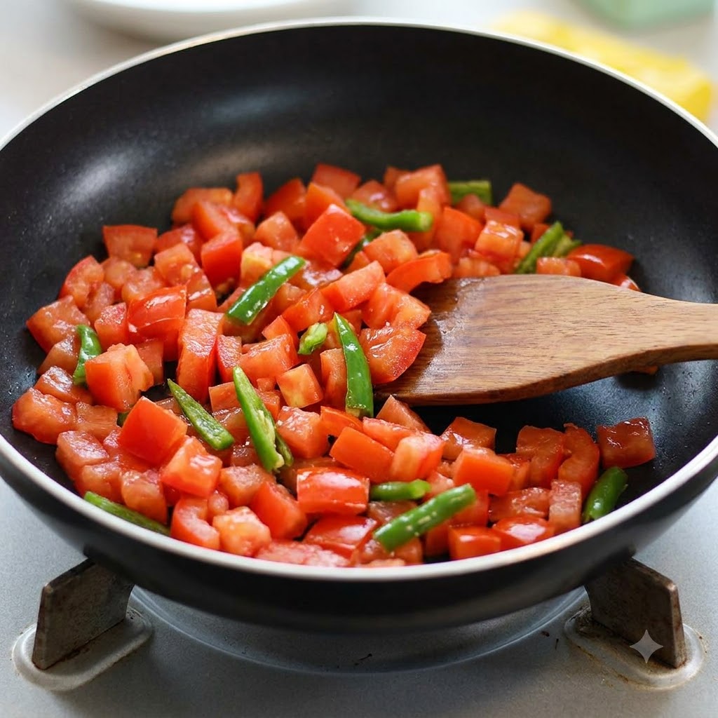 Tomates et piments verts sautés dans une poêle noire avec une spatule en bois.