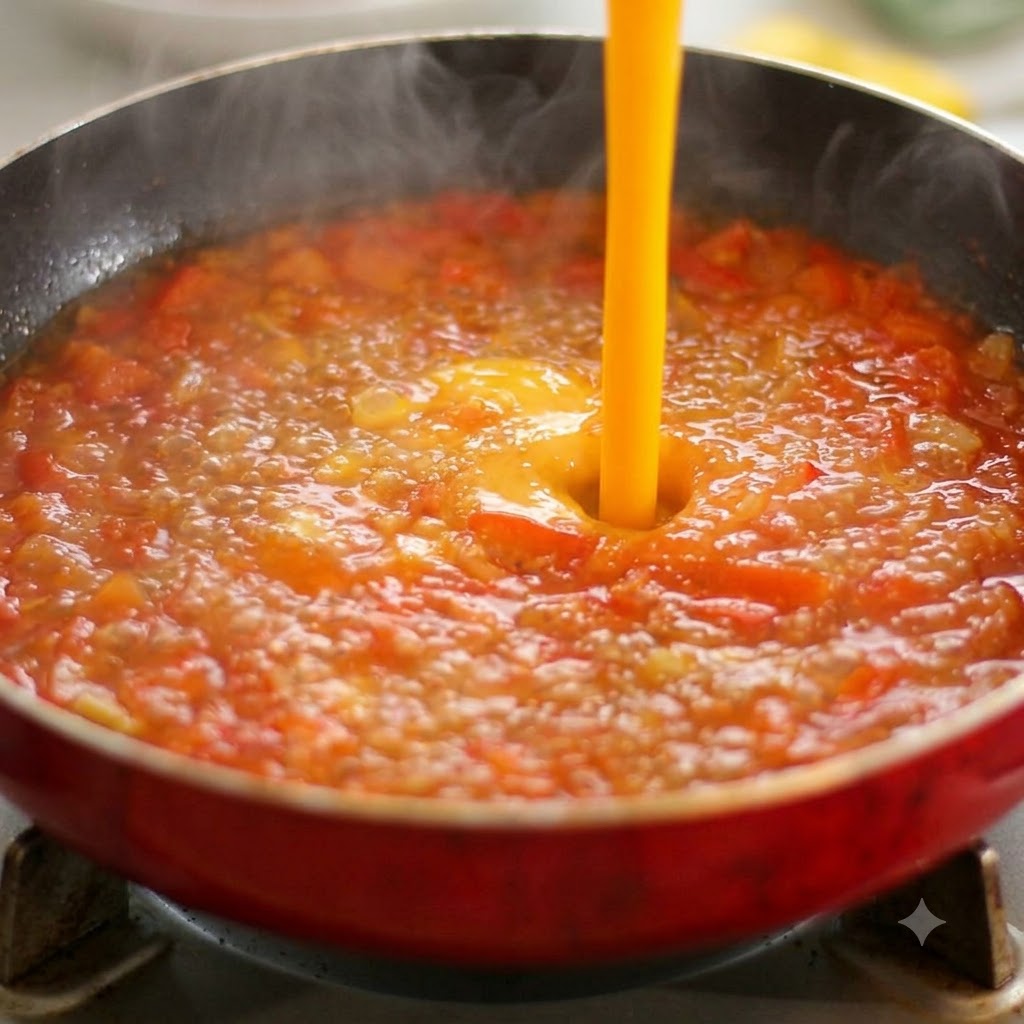 Eau versée par le haut dans une poêle rouge bouillante de tomates cuites.