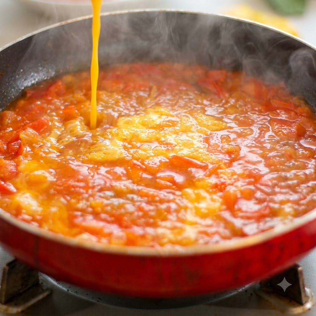 Liquide dœuf battu versé dans la base de soupe de tomate bouillante.