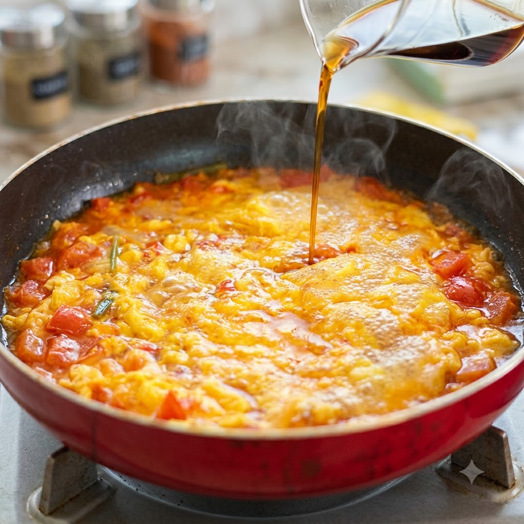 Sauce soja claire versée dune tasse à mesurer en verre dans la poêle de tomates et dœufs frémissante.
