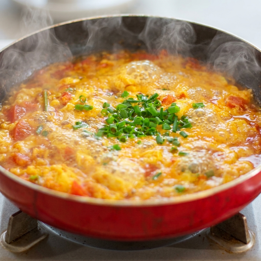 Oignons verts hachés frais parsemés sur le mélange de soupe frémissant dans la poêle.
