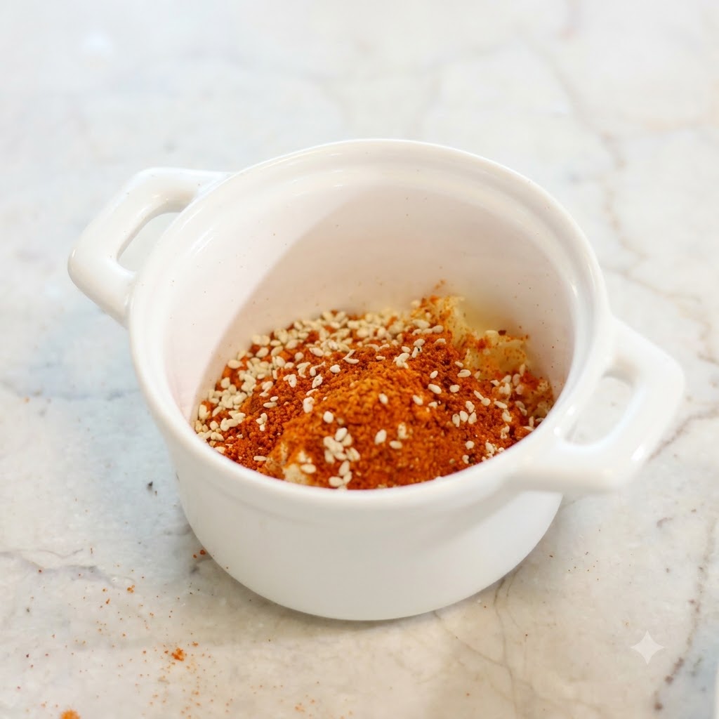 Vue rapprochée de poudre de piment rôti et de graines de sésame blanc disposées sur de lail haché dans un bol blanc.
