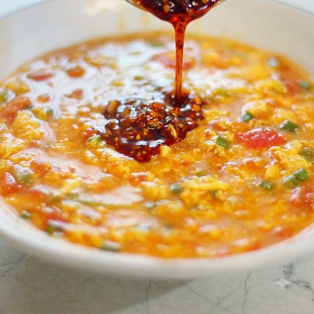 Huile pimentée foncée aromatique versée à la louche dune cuillère dans une sauce vibrante aux tomates et aux œufs.