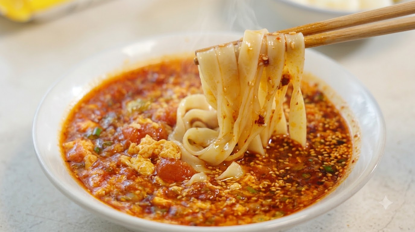 Gros plan sur de larges nouilles soulevées avec des baguettes au-dessus dun bol vibrant de sauce trempette riche aux tomates et aux œufs, garnie dhuile pimentée et de graines de sésame.
