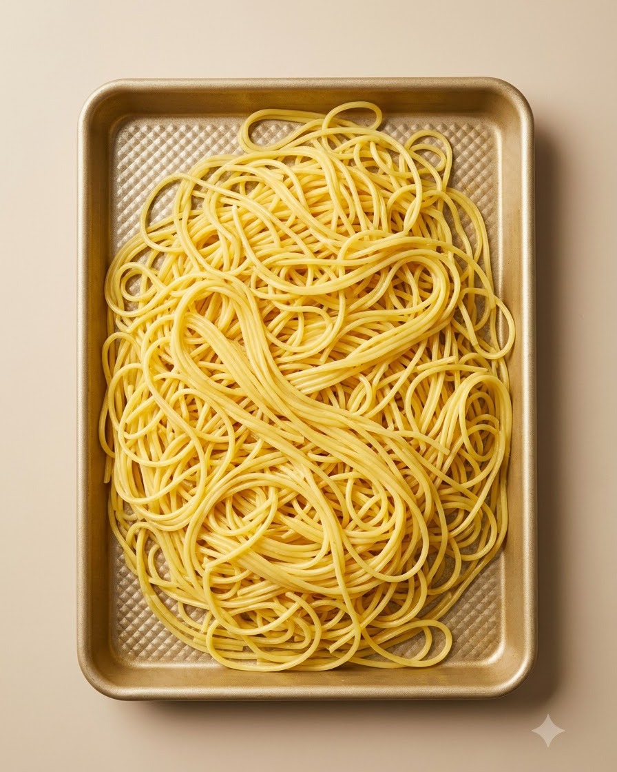 Des nouilles cuites semblables à des spaghettis étalées sur une plaque de cuisson dorée après avoir été égouttées.