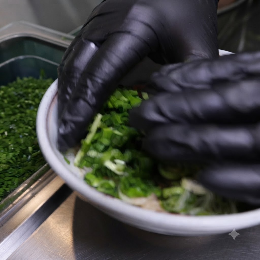 Des mains gantées disposant des morceaux dalgues foncées dans le bol de nouilles et doignons verts.