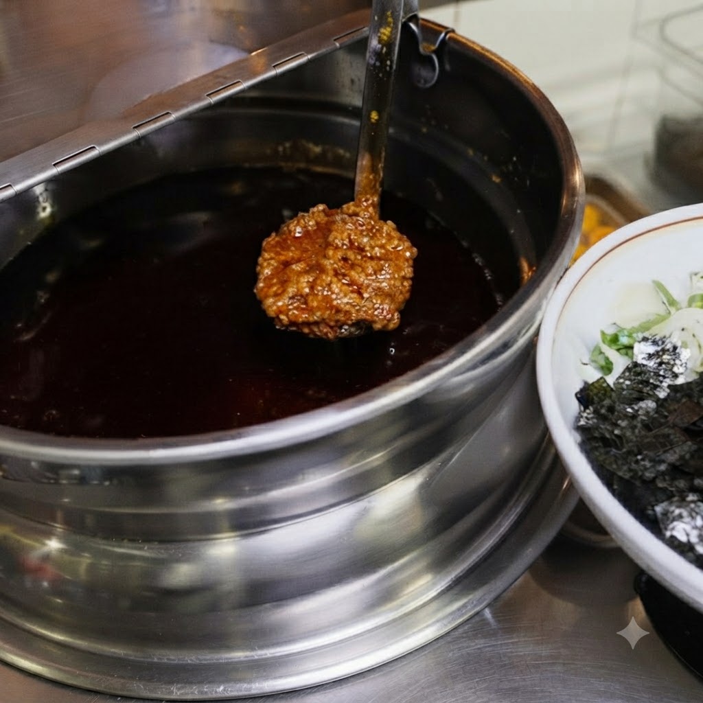 Une louche contenant une large portion de sauce à la viande hachée suspendue au-dessus dune casserole, à côté dun bol de nouilles.