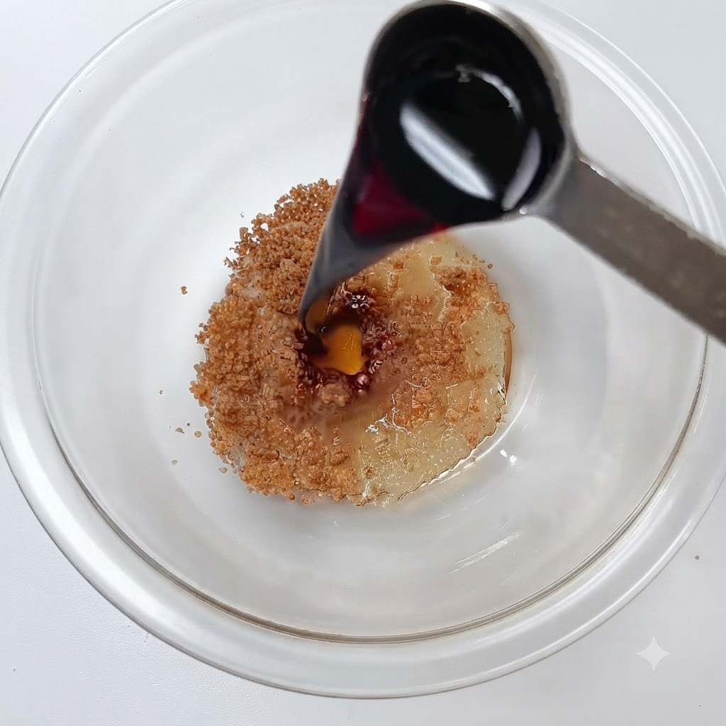 De la sauce soja foncée versée à partir dune cuillère dans un bol en verre avec du sucre.