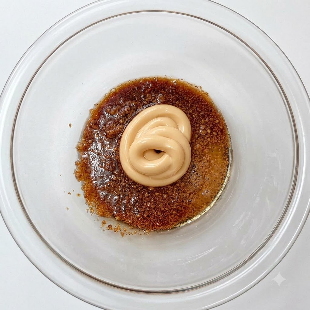 Du gochujang ajouté au mélange de sauce dans le bol.