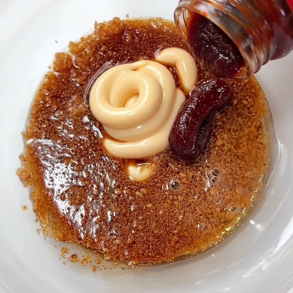 De la mayonnaise et de la pâte de gochujang posées sur le sucre et le mélange de sauce à lintérieur dun bol en verre.