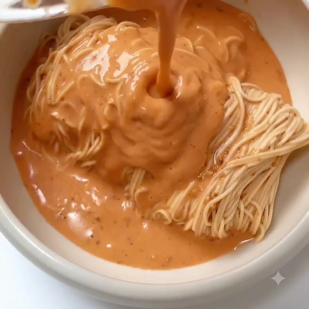 Une sauce rougeâtre crémeuse et lisse versée par le dessus sur les nouilles à lintérieur dun bol de service.