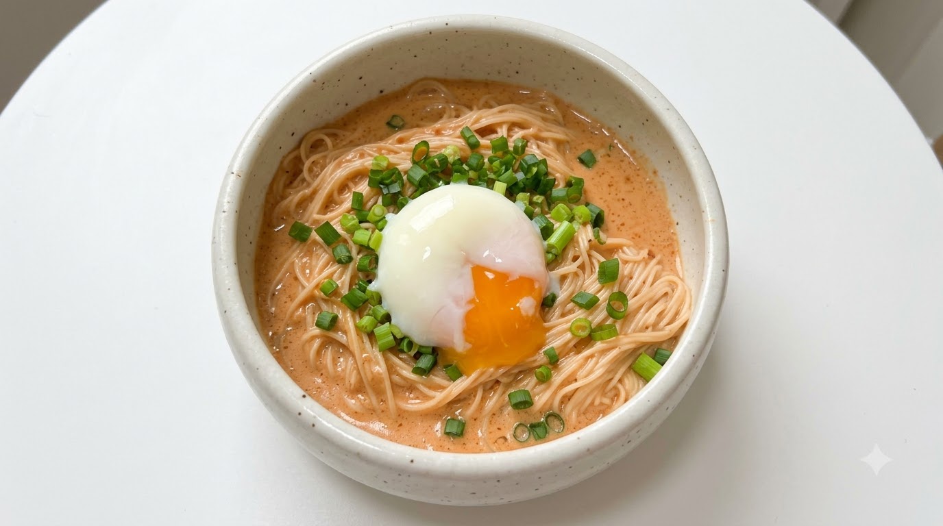 Un bol de nouilles somen japonaises mélangées à une sauce épicées au sésame, garnies doignons verts et dun œuf mollet