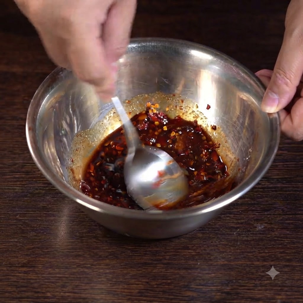 Une cuillère mélangeant les ingrédients de la sauce dans un bol en acier inoxydable.