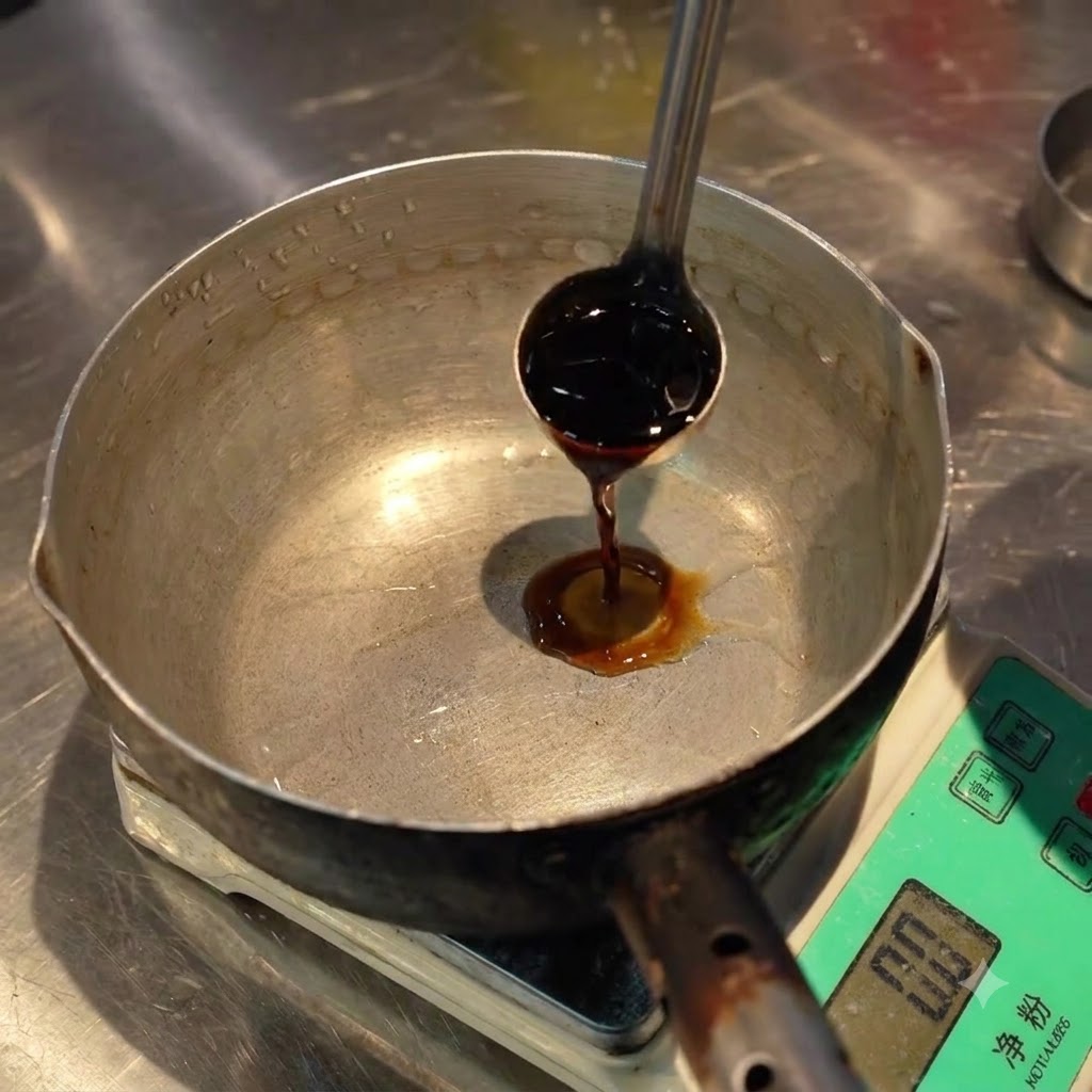 De la sauce soja versée dans un petit pot en métal posé sur une balance de cuisine.