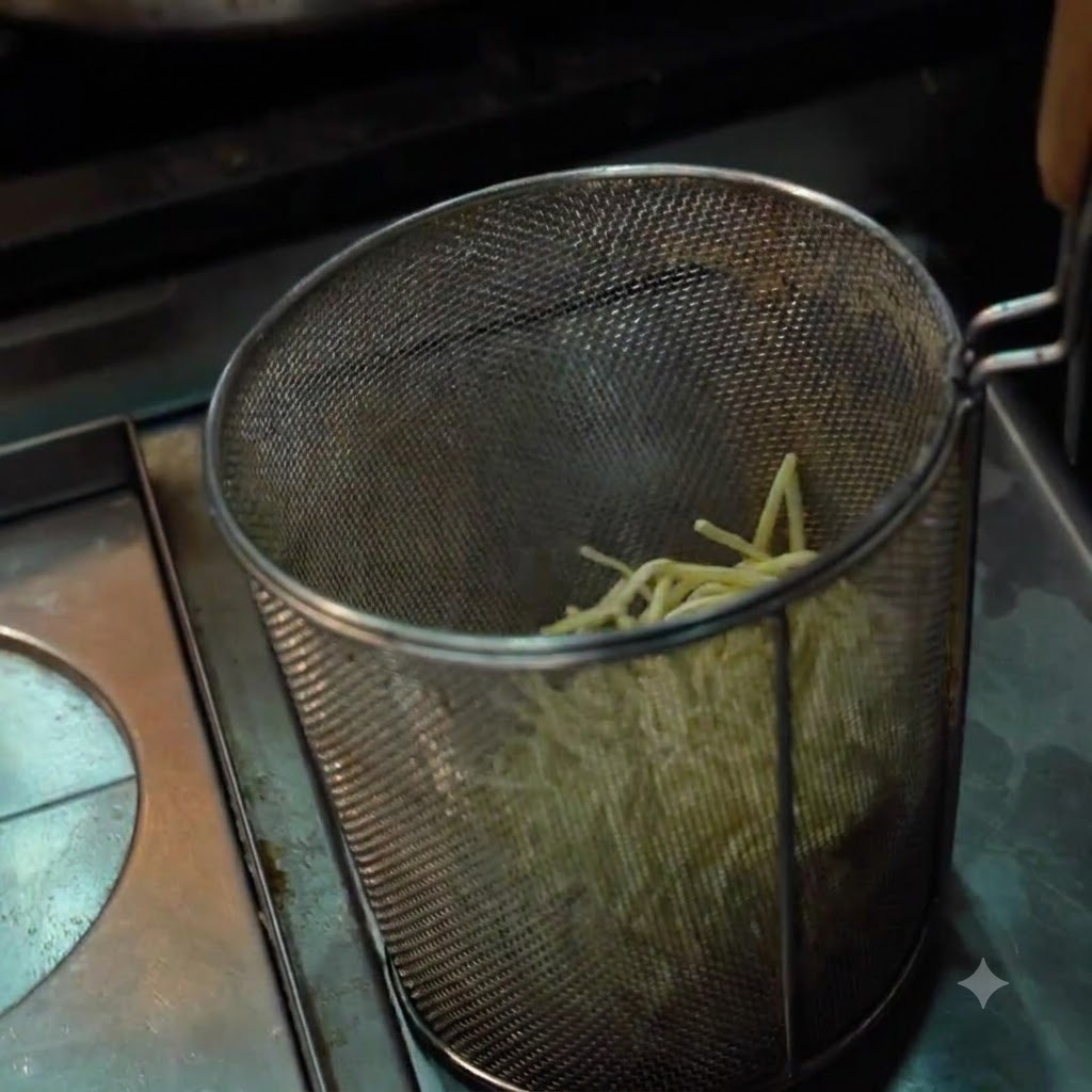 Des nouilles disposées à lintérieur dun panier de passoire en métal prêtes à être chauffées.