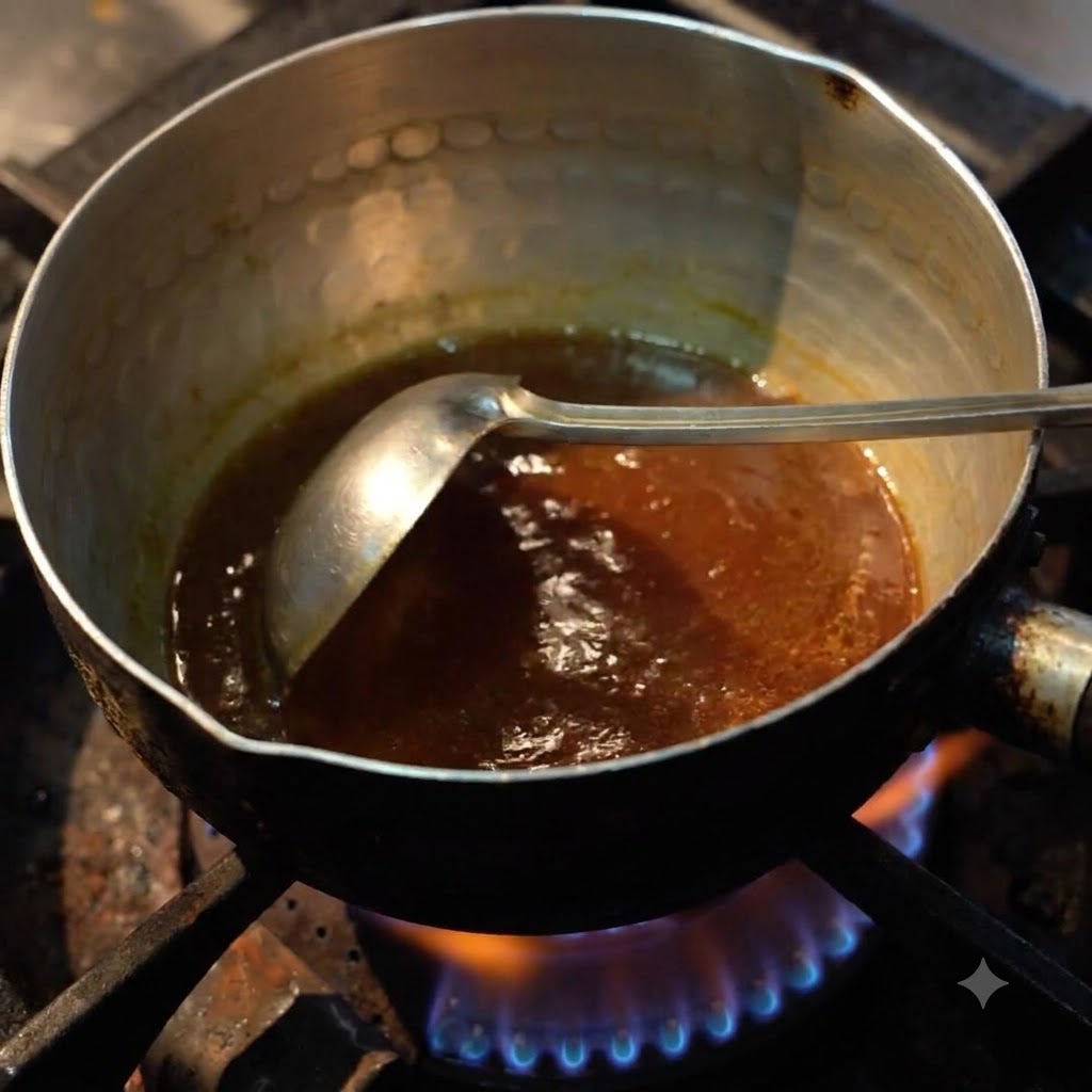 Du jus de soupe versé à la louche dans un bol en céramique.