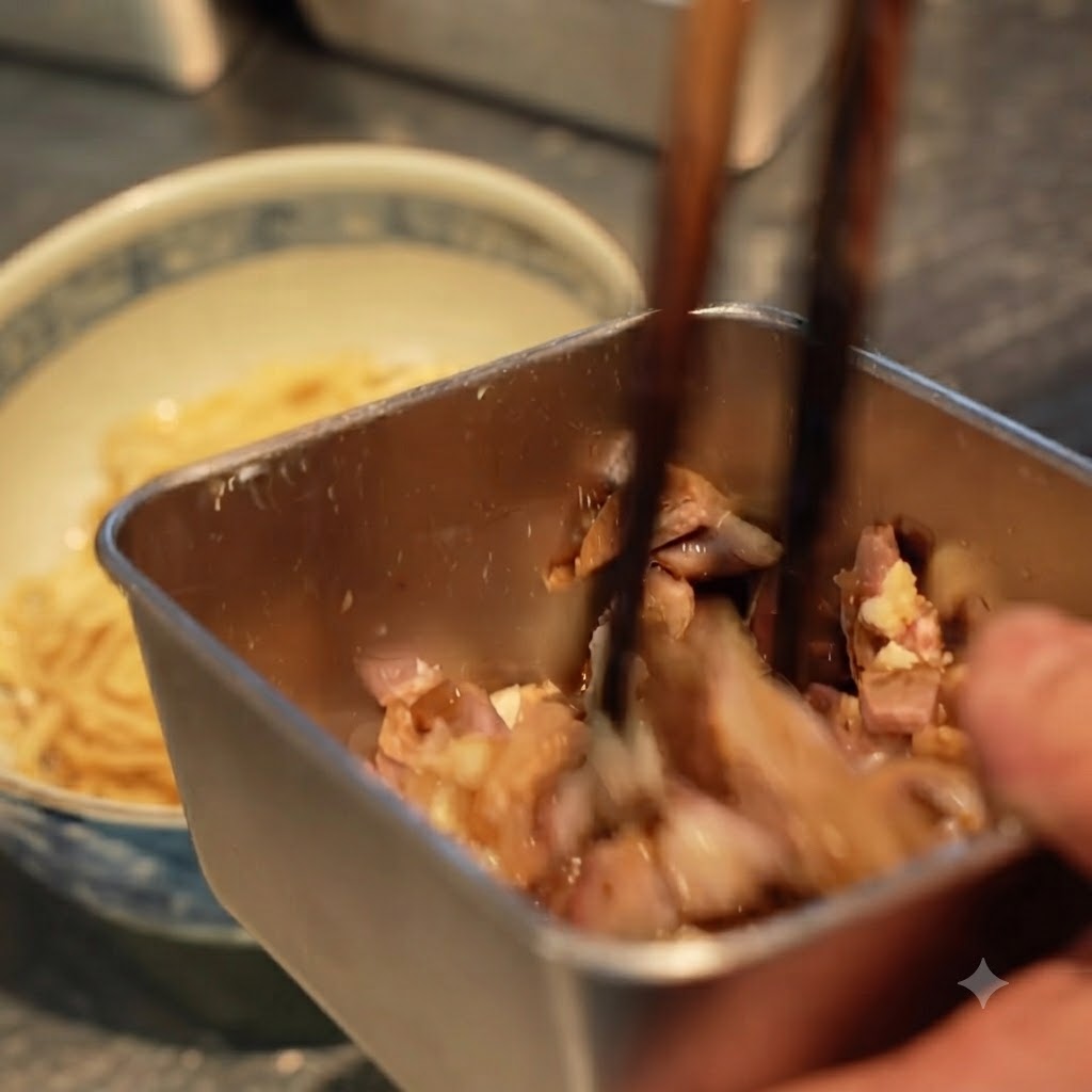 Des baguettes ajoutant de la viande de chashu en dés sur les nouilles dans un bol de service.