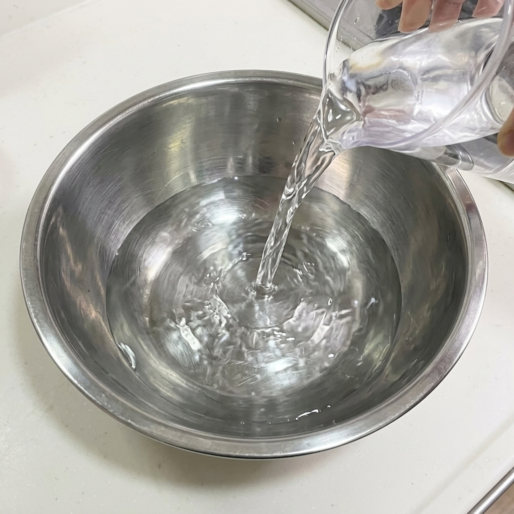 De leau versée dun récipient de mesure transparent dans un bol mélangeur en acier inoxydable.