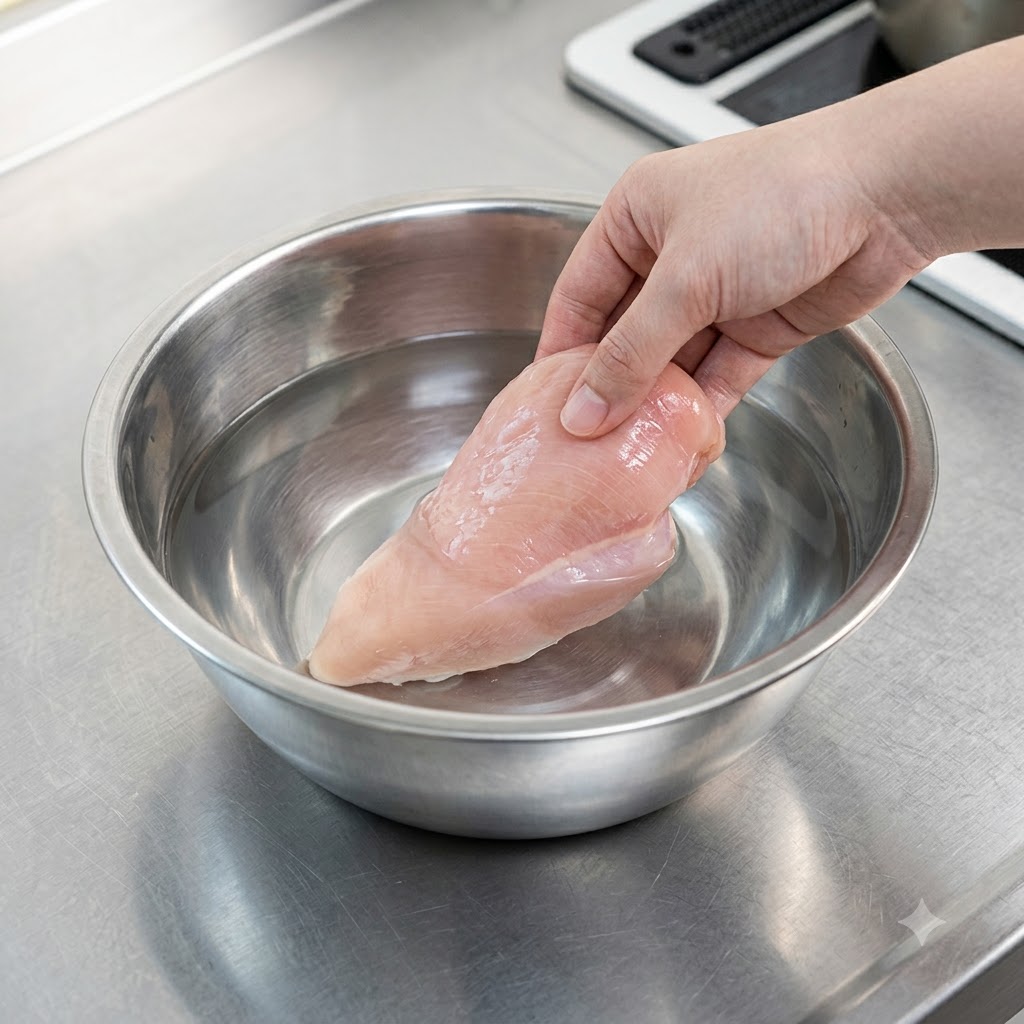 Une main abaissant délicatement un morceau de blanc de poulet cru dans un bol deau.