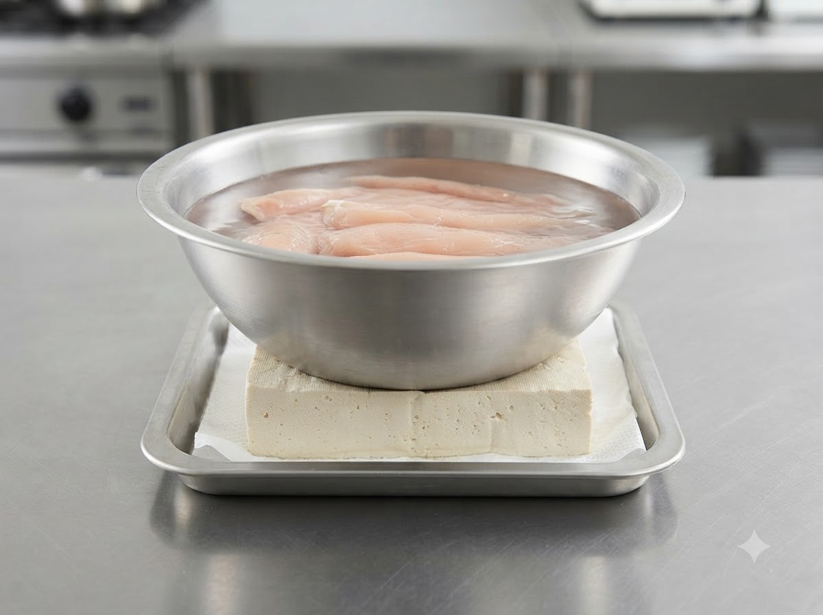 Un bol en métal rempli deau posé sur un bloc de tofu ferme enveloppé dans du papier absorbant sur un plateau.