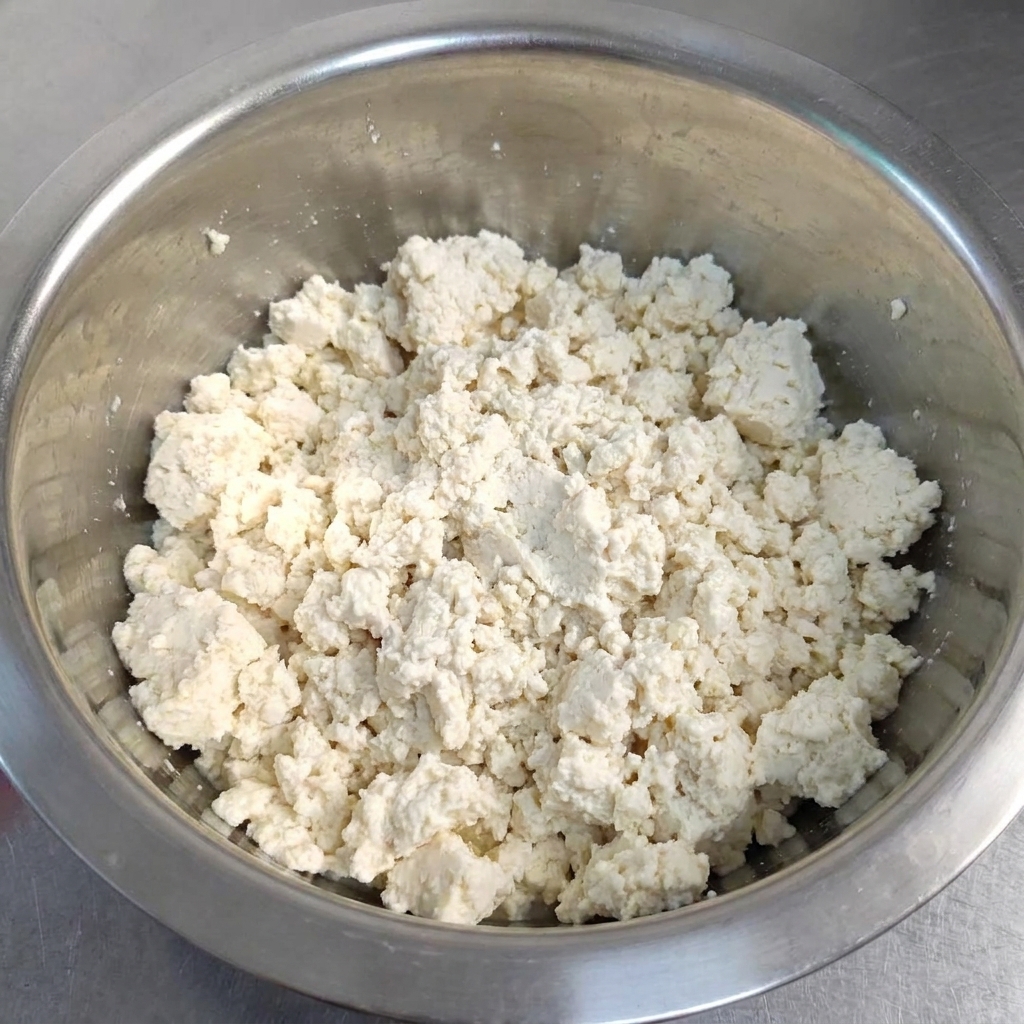 Du tofu ferme blanc émietté remplissant le fond dun bol mélangeur en acier inoxydable.
