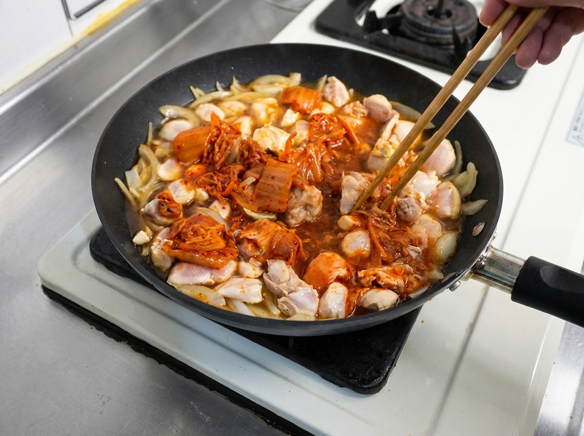 Du kimchi mélangé au bouillon de poulet et doignon frémissant à laide de baguettes en bois.