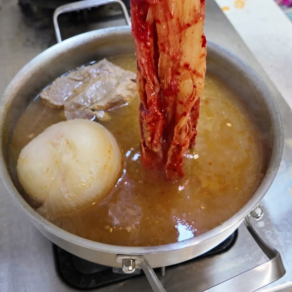 Une longue feuille de kimchi épicé rouge est plongée dans un bouillon frémissant.