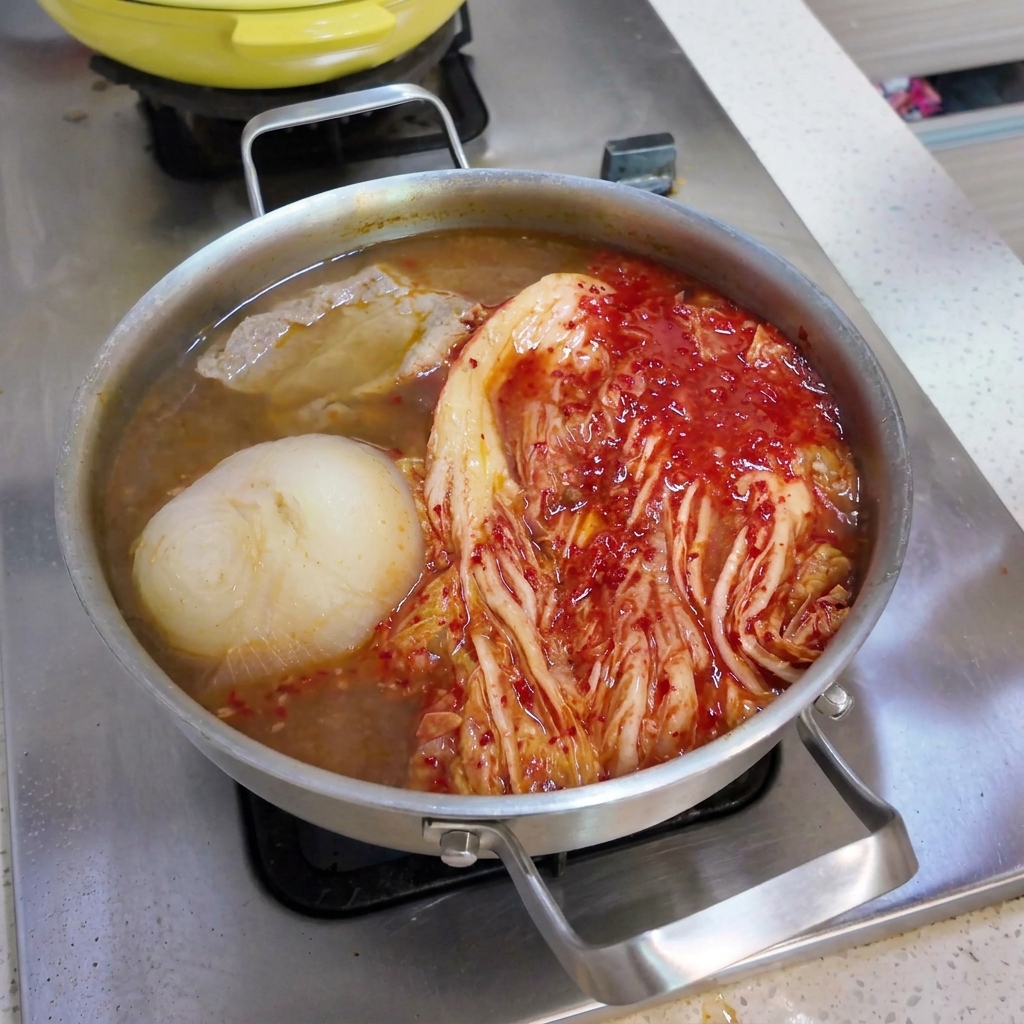 Des assaisonnements tels que la sauce piquante, les flocons de piment et lail haché sont ajoutés au bouillon frémissant.