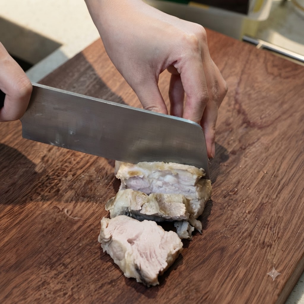 Le porc cuit est coupé en tranches nettes avec un couteau de cuisine sur une planche en bois.
