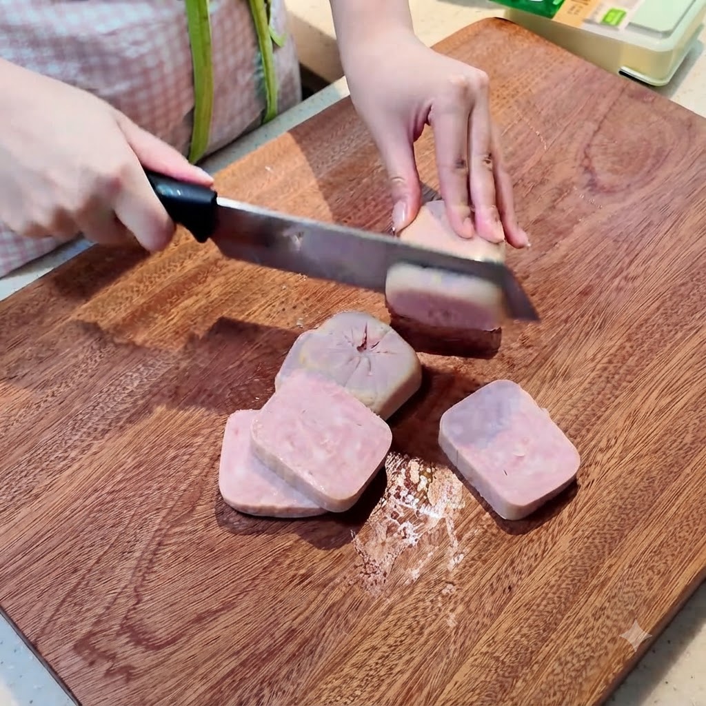 De la viande en conserve et du tofu soyeux sont coupés en portions sur une planche à découper.