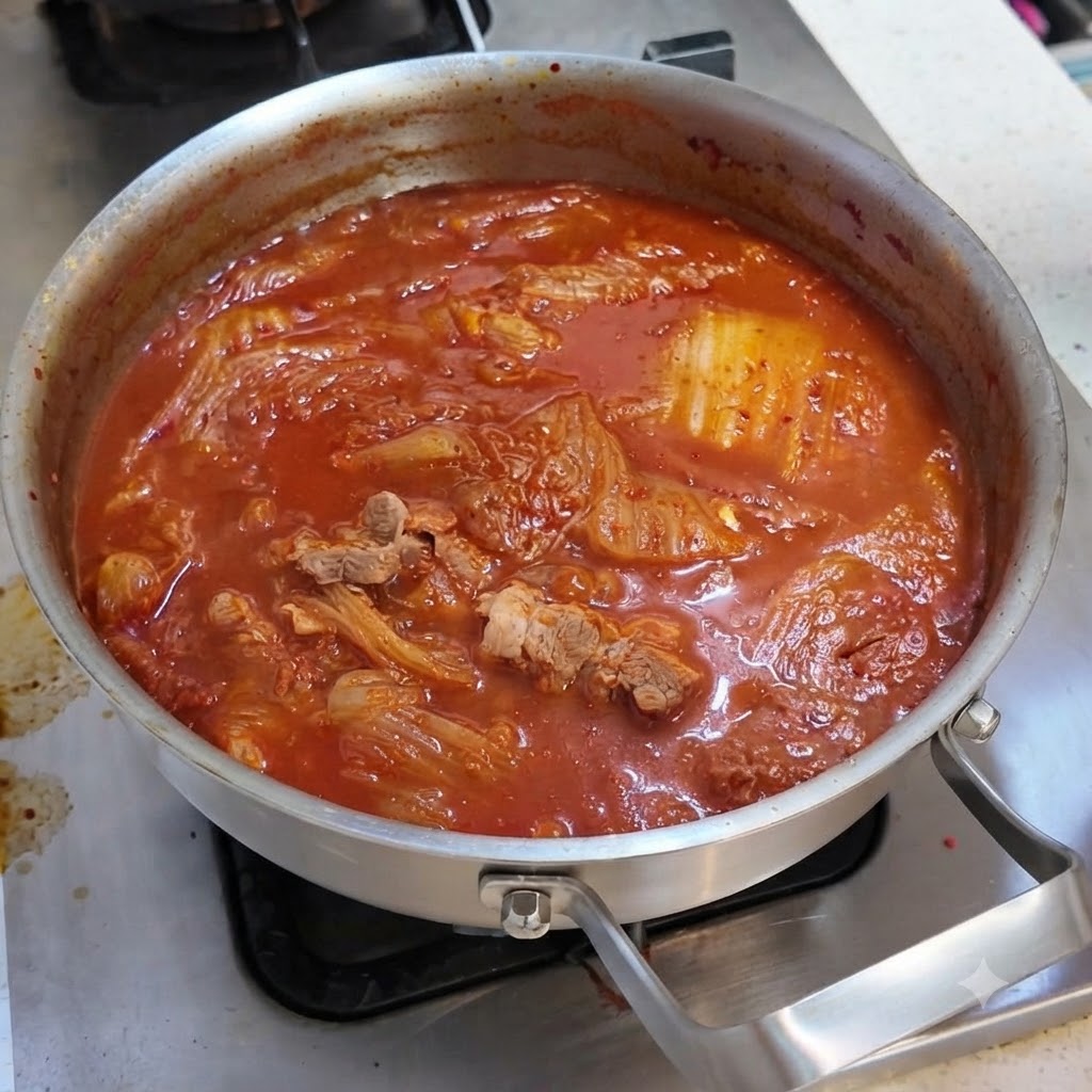 Des tranches de porc, de viande en conserve et de tofu soyeux alignées proprement dans le bouillon rouge au kimchi.