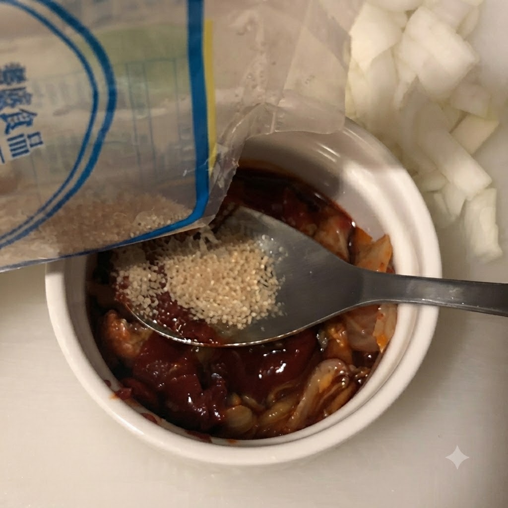 Du sucre blanc versé depuis un sachet dans le bol contenant les ingrédients de la sauce.