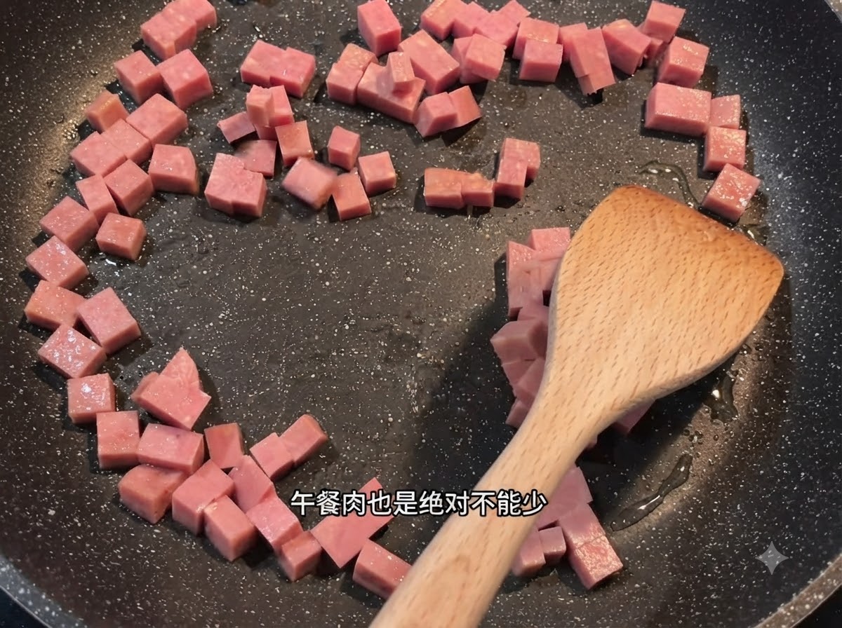 Une spatule en bois remuant des cubes de spam roses dispersés dans une poêle sombre avec de lhuile.