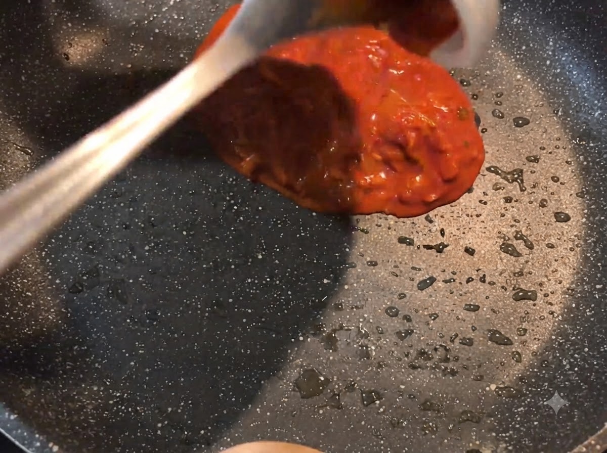 Une louche versant un mélange de sauce rouge épaisse dans une poêle chaude huilée.