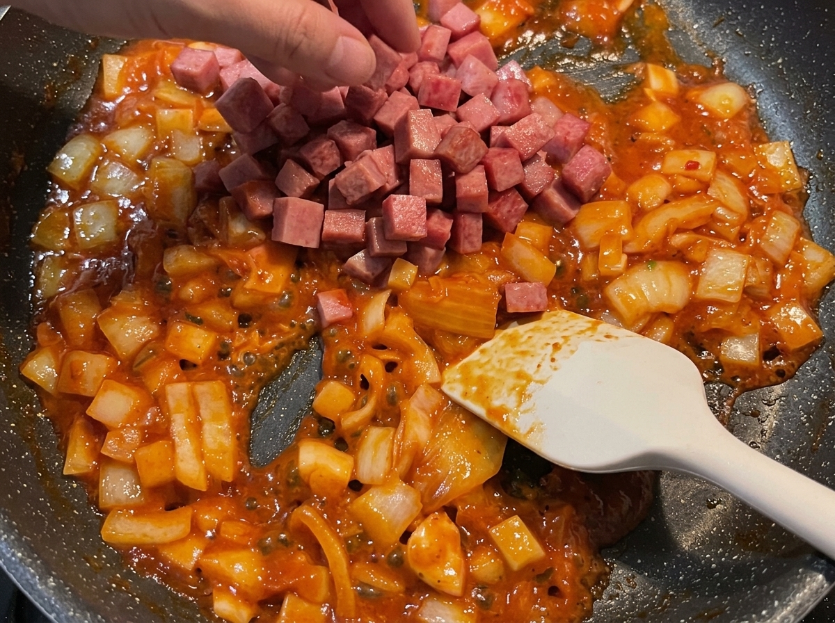Une main ajoutant des dés de spam dans une poêle remplie doignons revenus et de sauce rouge, avec une spatule posée à proximité.