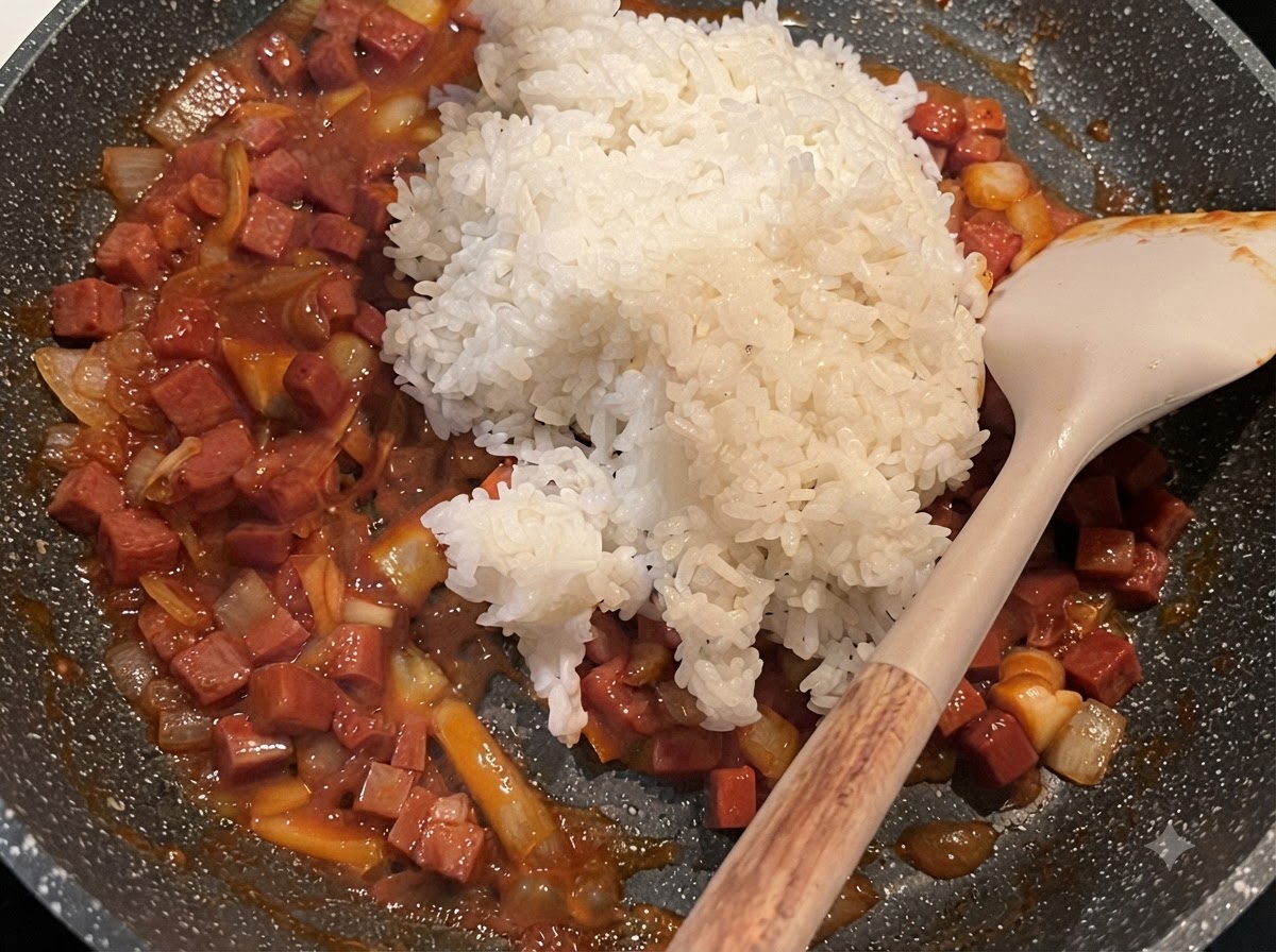 Du riz blanc cuit déposé sur le mélange de spam cuit et de sauce rouge dans une poêle.