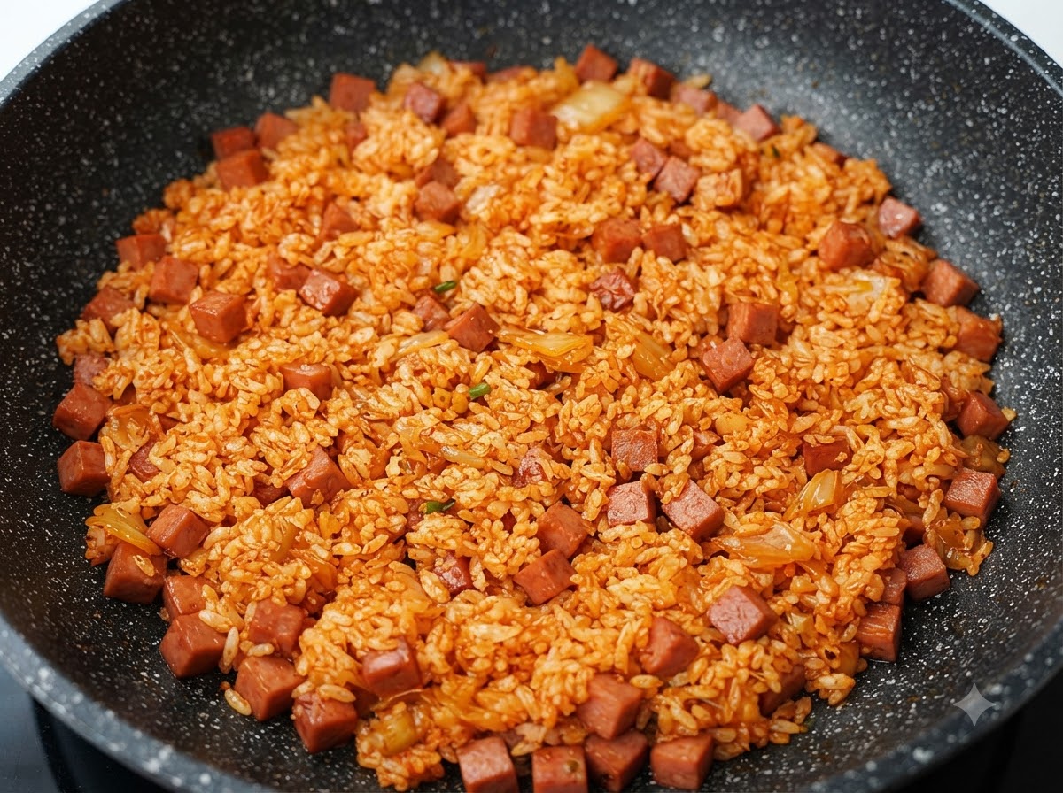 Une poêle remplie de riz sauté au kimchi entièrement mélangé avec la sauce et les dés de spam, affichant une couleur rouge-orange uniforme.