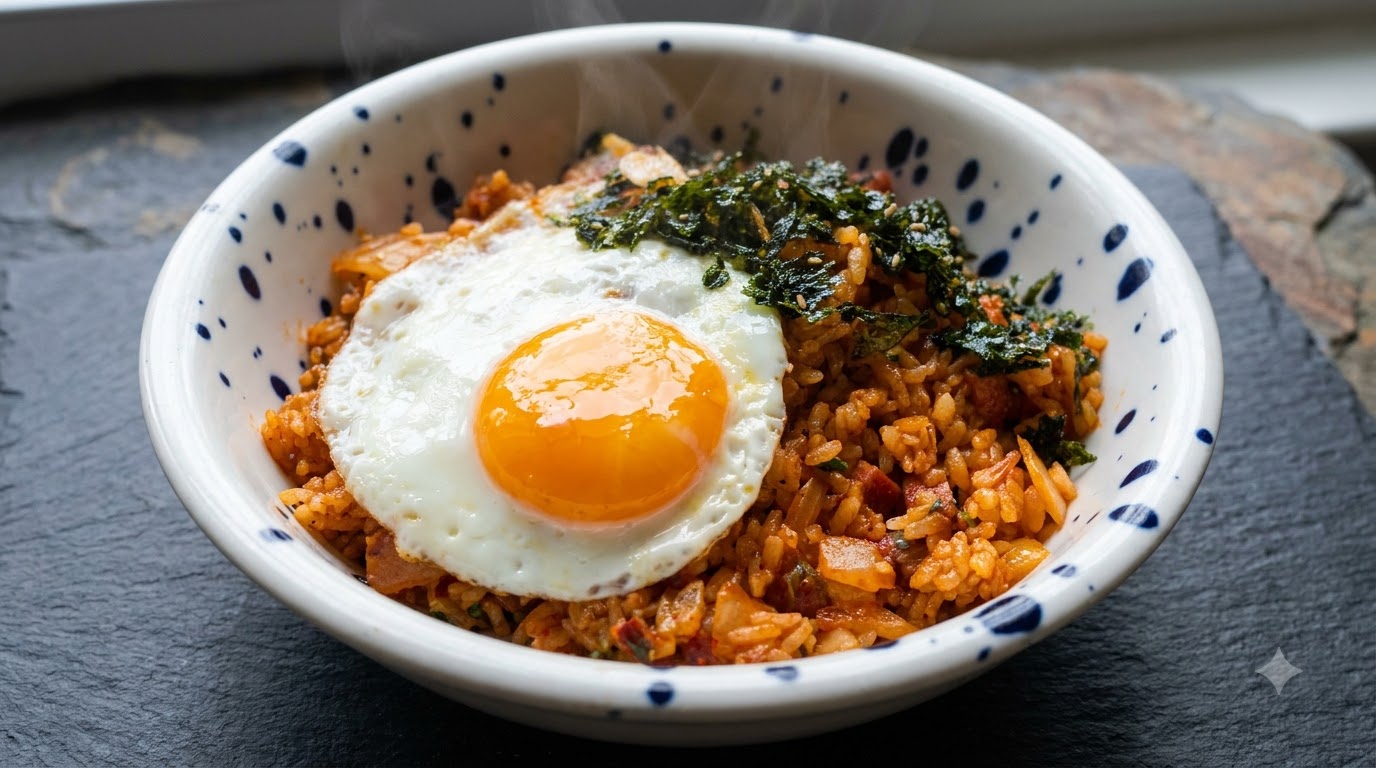 Un bol chaud de riz sauté au kimchi garni dun œuf au plat et de flocons dalgues croustillants.