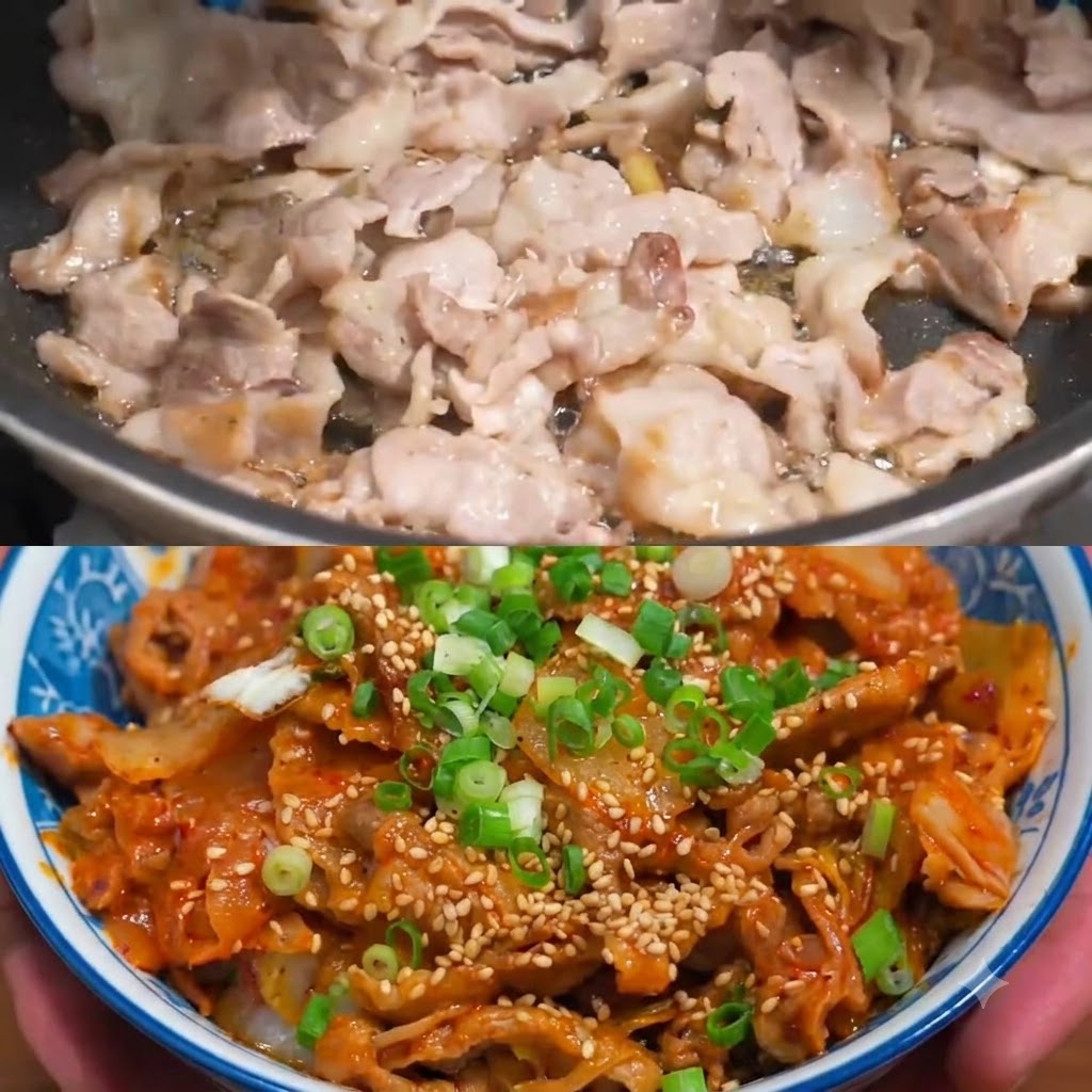 Tranches doignon mélangées dans la poêle avec le porc en cours de cuisson.