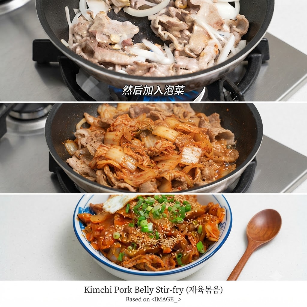Morceaux de kimchi et jus rouge versés sur le porc et les oignons dans la poêle.