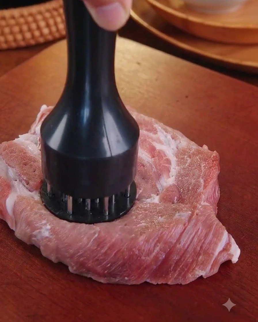 Un morceau déchine de porc cru en train dêtre attendri à laide dun maillet à viande noir sur une planche en bois.