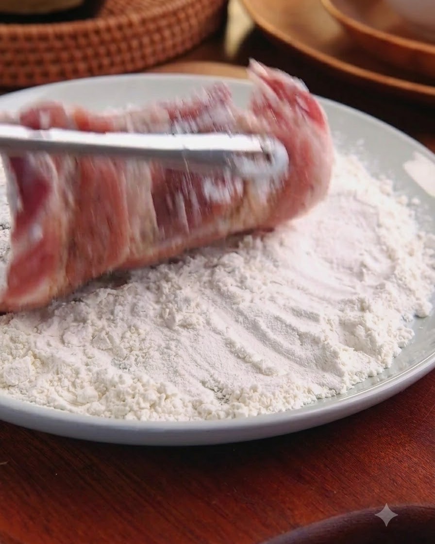 Une côtelette de porc crue enrobée de farine blanche soulevée dune assiette remplie de farine à laide de pinces.
