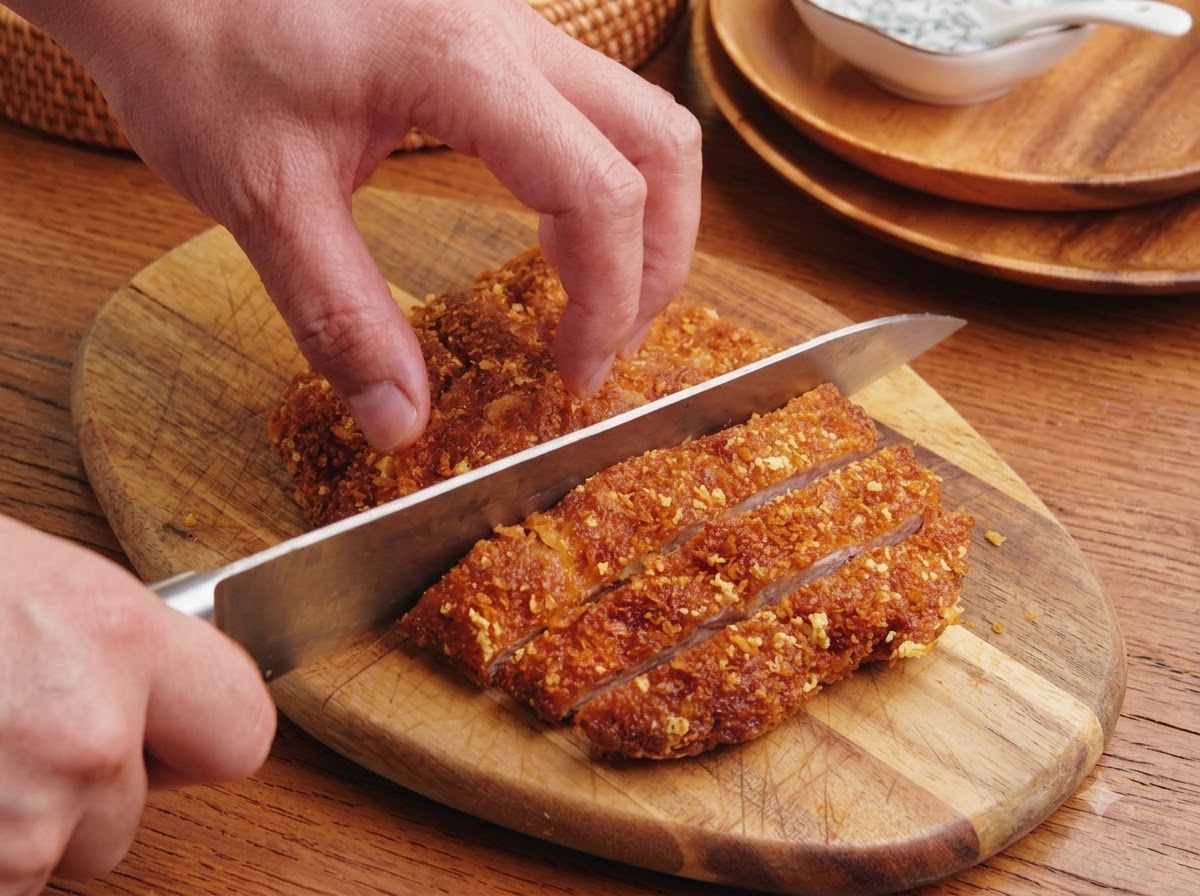 Un cuisinier coupant une côtelette de porc frite et dorée en tranches épaisses sur une planche à découper en bois.